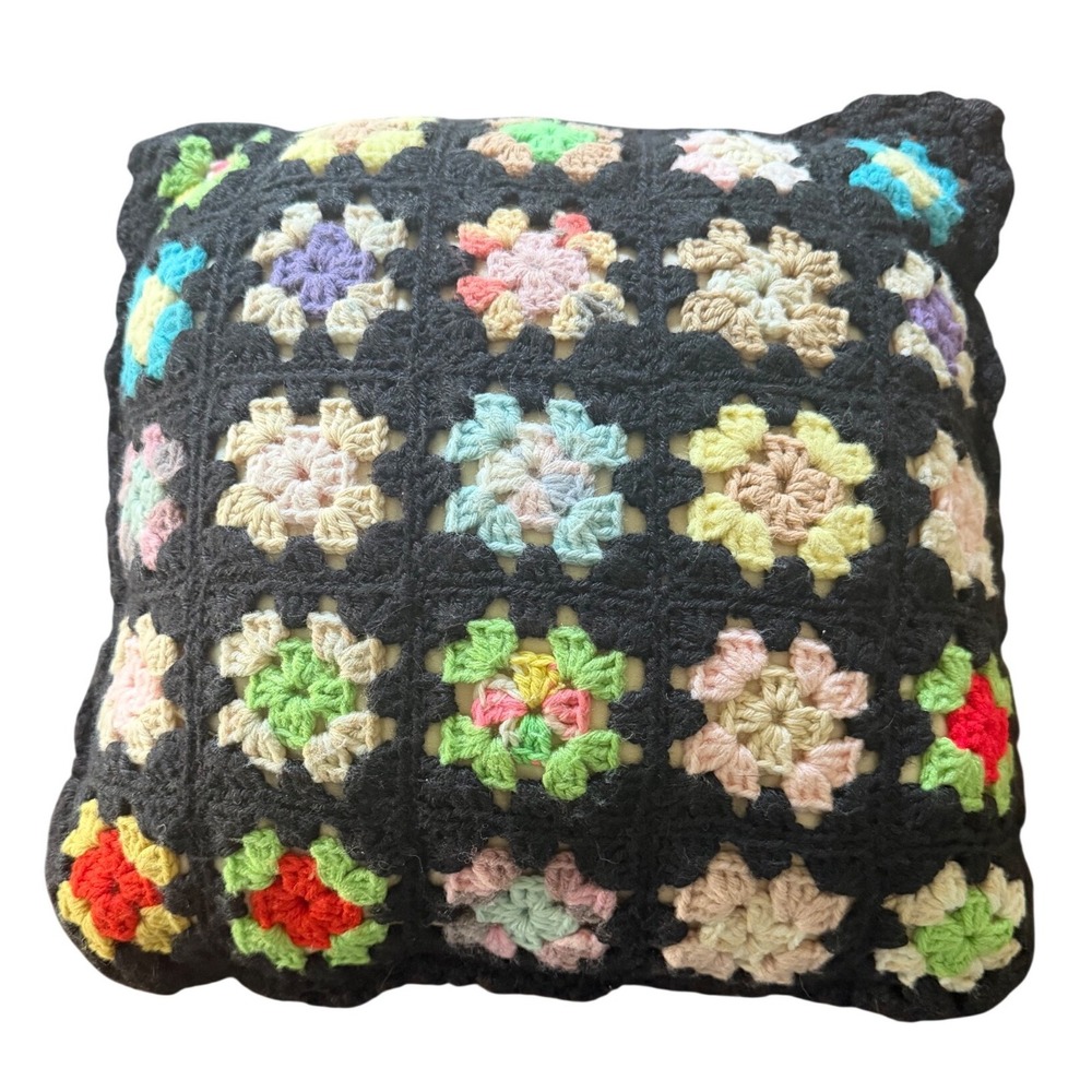Handmade Crochet Granny Square Throw Pillow Black Multi Color Retro‎ Boho 13x13
